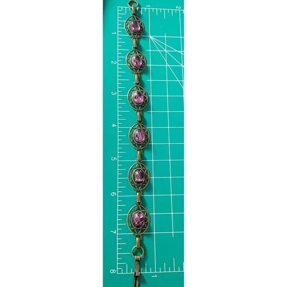 Vintage Banana Bob Victorian style ox gold open work amethyst cabashon bracelet - Picture 7 of 8